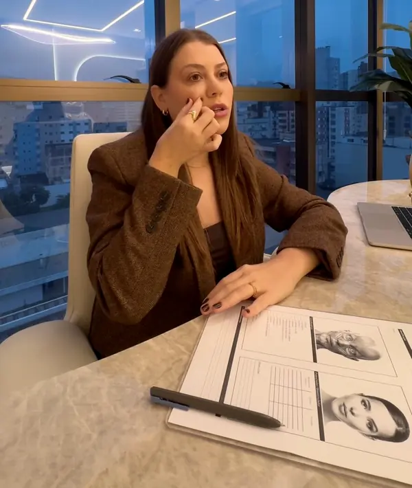 Dra. Paula Budny à mesa de planejamento, com as fichas faciais