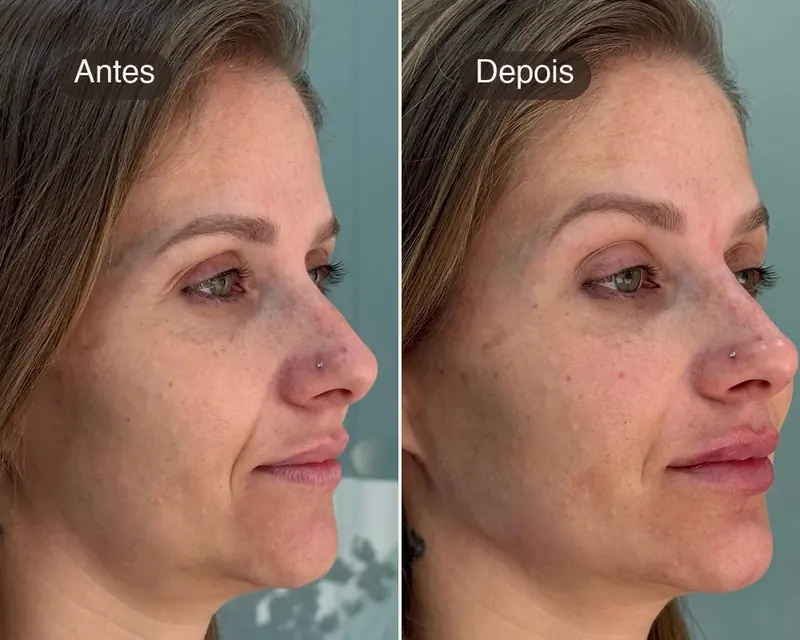 Antes e depois de rejuvenescimento facial, de três quartos